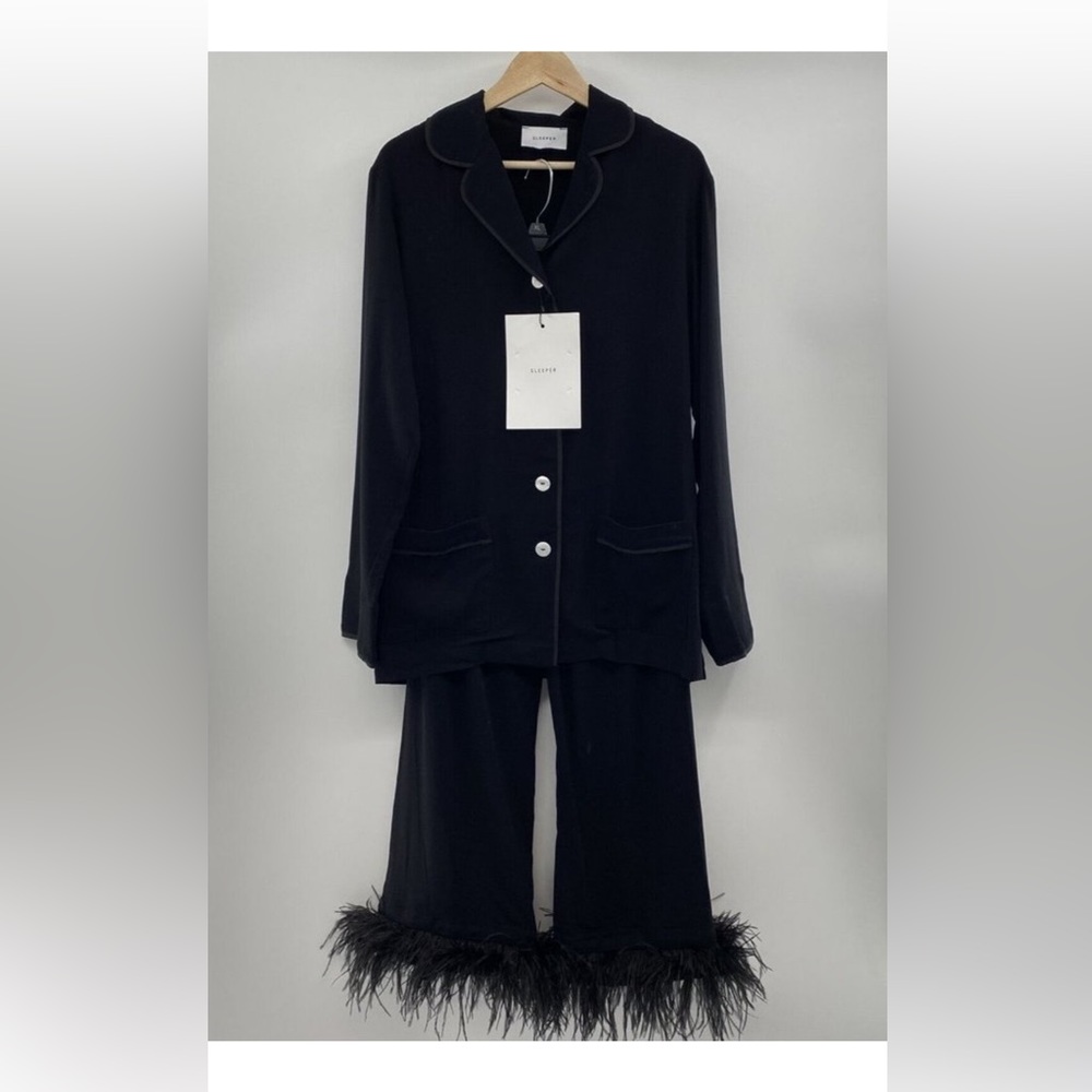 Sleeper Women’s Party Pajamas Set Pants Ostrich Feathers Black Size L Large $290